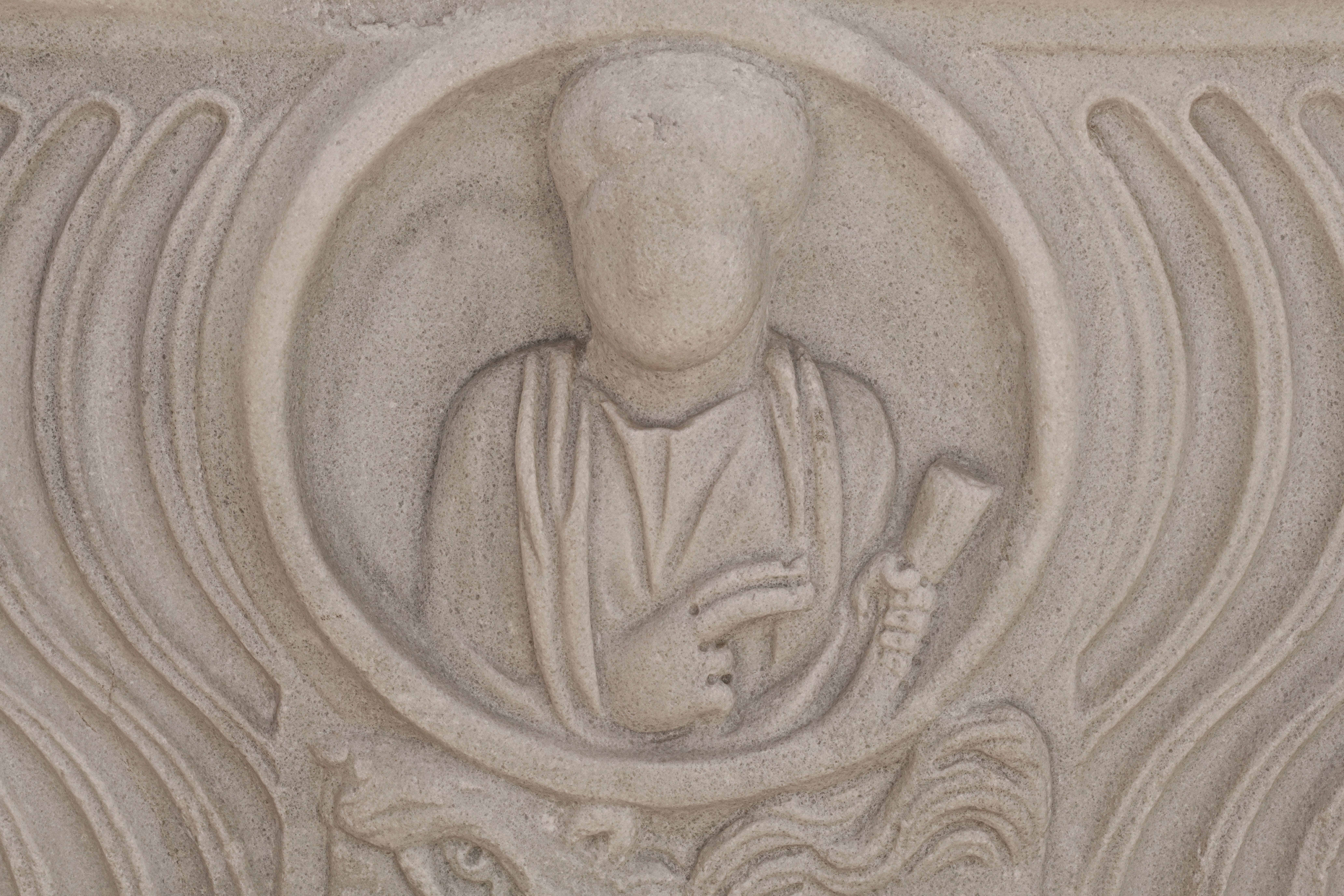 immagine del dettaglio centrale del sarcofago strigilato con eroti funerari e clipeo centrale con raffigurazione del defunto