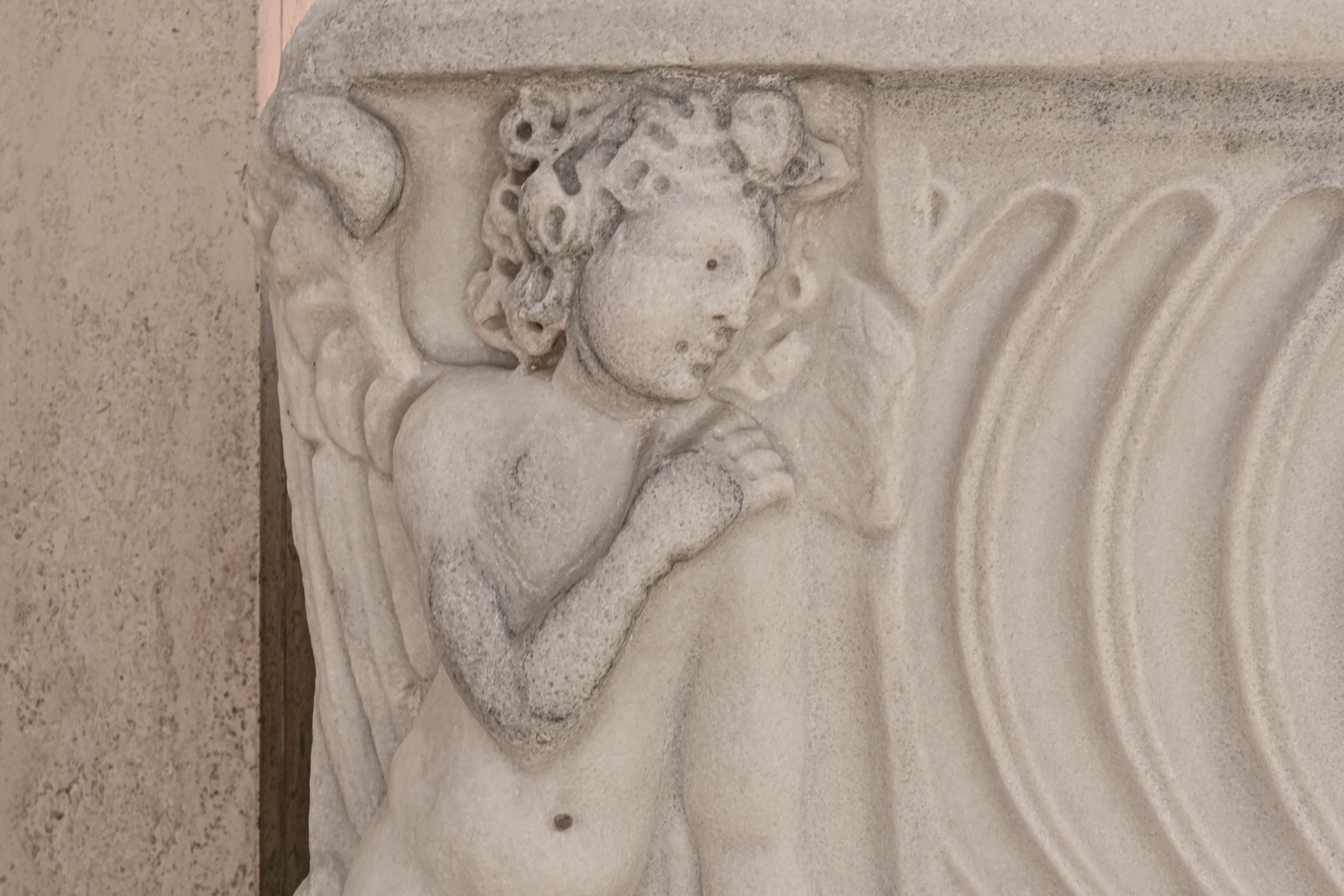 immagine del dettaglio laterale del sarcofago strigilato con eroti funerari e clipeo centrale con raffigurazione del defunto